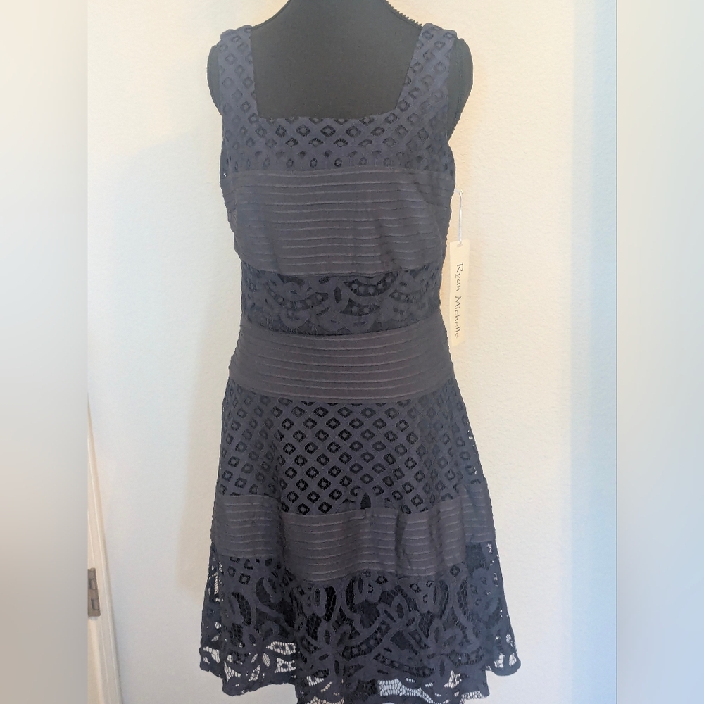 Ryan Michelle Navy Lace Fit & Flare Cocktail Dress Tiered Party Wedding Guest